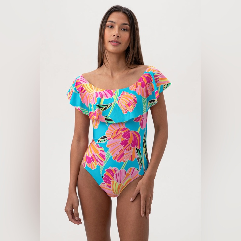 Trina Turk Womens POPPY OTS RUFFLE BANDEAU 1 Pc Swimsuit Off Shoulder Sz 10